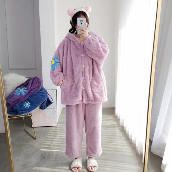 加大碼女連帽珊瑚保暖絨胖mm睡衣