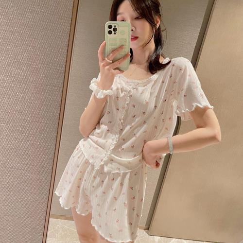 莫代爾睡衣女夏薄款少女碎花短袖短褲兩件套純欲可外穿家居服套裝