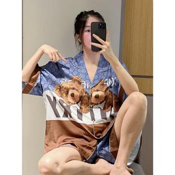 短袖睡衣女薄款冰絲可愛卡通小熊家居服大碼胖mm200斤模擬絲套裝