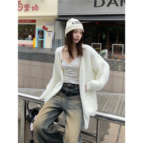 E7Q8 松島甜茶 慵懶純欲兩件套白色修身顯瘦短袖毛呢開衫長外套女