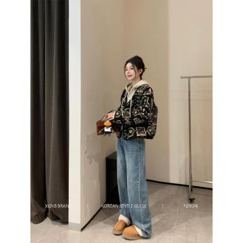印花V領雙排扣羊羔毛棉服短外套