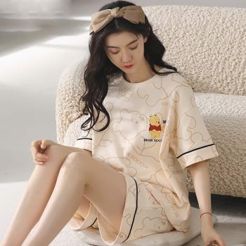 純棉睡衣女2023年新款夏季短袖短褲套裝薄款透氣印花小熊大碼舒適