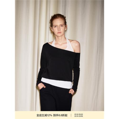 PUKI 原創松弛感慵懶斜肩假兩件掛脖背心衛衣