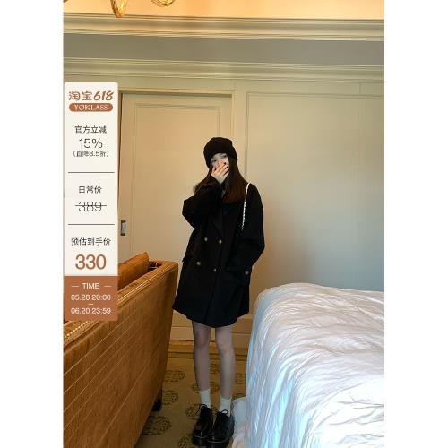 YOKLASS 黑色毛呢外套女秋冬新款韓系高級感氣質翻領寬松上衣