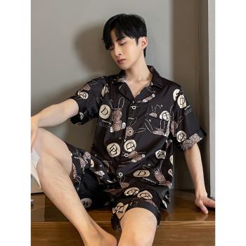 男士夏季薄款短袖模擬絲綢睡衣