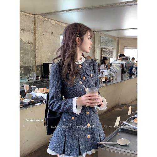 Acaine米蘭少女/中長款收腰小香風長袖連衣裙女春季法式氣質裙子