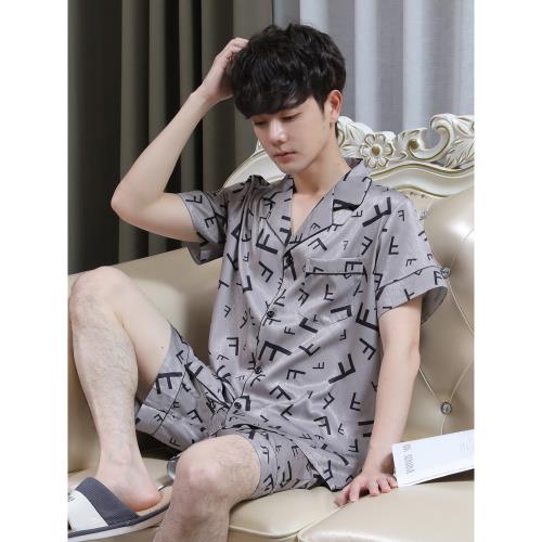 睡衣男士冰絲夏季短袖男款短褲夏天套裝春秋款男生薄款絲綢家居服