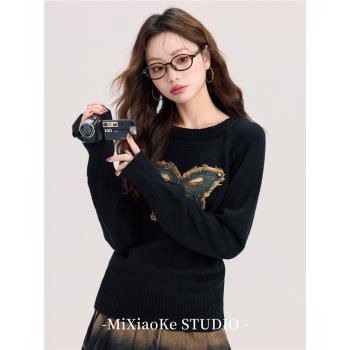 羋小可美式復古黑色蝴蝶毛衣女秋季設計感小眾修身長袖針織衫上衣