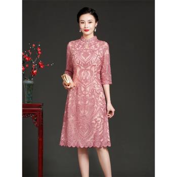 媽媽禮服高階顯瘦旗袍高貴喜婆婆婚宴裝中式婚禮連衣裙春粉色夏季