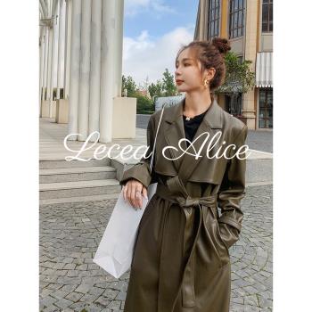 Lecea Alice韓版收腰中長款皮衣