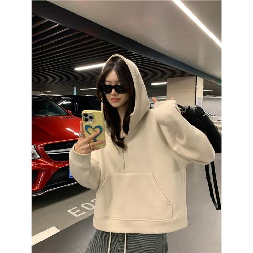 阿一 半拉鏈純色短款衛衣女秋季新款寬松休閑灰色美式連帽外套