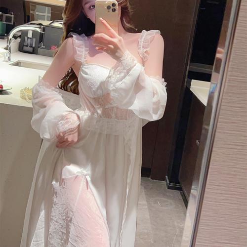性感冰絲睡衣女法式吊帶睡裙睡袍蕾絲花邊兩件套家居服宮廷風