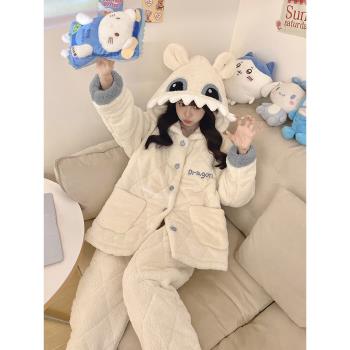 睡衣女冬季保暖三層珊瑚絨夾棉加絨加厚冬天可愛法蘭絨家居服套裝