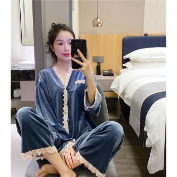 網紅ins慵懶睡衣女秋冬金絲絨V領開衫家居服大碼胖mm200斤套裝春
