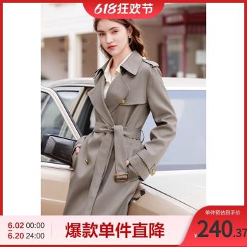 百圖英倫風中長款風衣2024春新款復古翻領氣質純色女式風衣外套