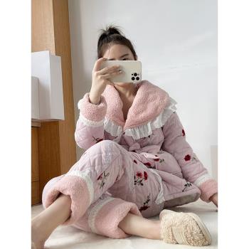 pink grape三層夾棉睡衣女冬季加棉加厚珊瑚絨刺繡奢華家居服套裝