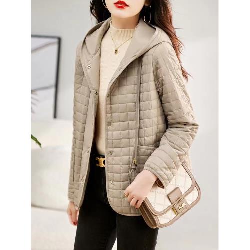 輕薄菱格短外套女款2026春秋季新款時尚連帽單排夾棉服寬松小棉襖