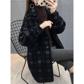 水貂絨中長款格子毛衣女士外套