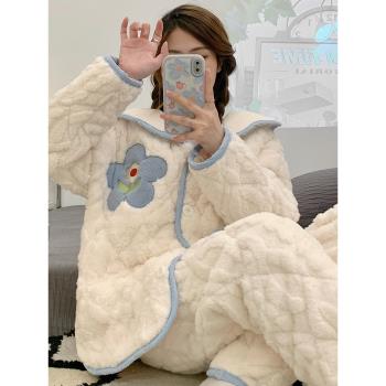 三層夾棉睡衣女珊瑚絨加絨加厚保暖法蘭絨可外穿星黛露家居服套裝