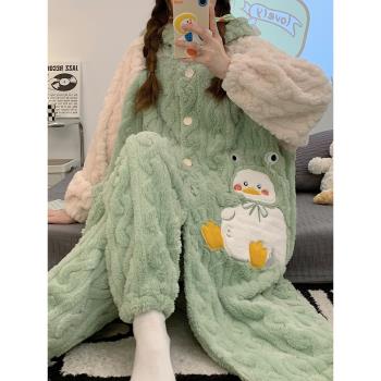 秋冬季睡袍女新款日系甜美珊瑚絨加厚法蘭絨連帽款睡衣家居服套裝