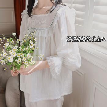 巴黎純棉甜美復古長袖睡衣女蕾絲