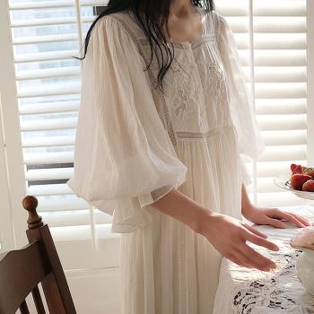pinkgoddess春秋睡裙女復古法式蕾絲公主風甜美長袖家居服睡衣冬