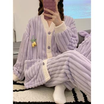 珊瑚絨月子服秋冬季產後12月份加絨加厚孕婦睡衣女大碼哺乳懷孕期