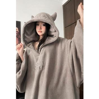 小惡魔秋冬日系加絨加厚家居服男女刺繡連體睡衣情侶保暖衛衣睡袍