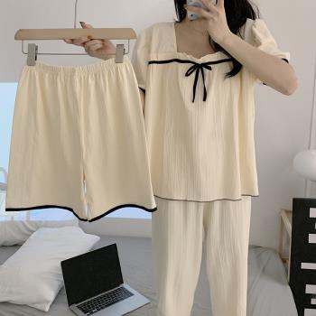 三件套裝睡衣女士夏季純棉2022年新款高階感短袖長褲可外穿家居服