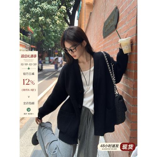 宋正恩黑色寬松針織開衫外套女秋冬中長款慵懶氣質高級感毛衣上衣