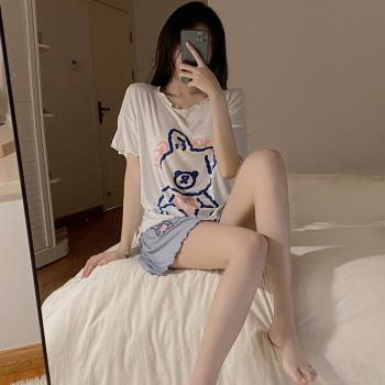 莫代爾睡衣女士純棉ins風夏季卡通2022年新款短袖韓版家居服套裝