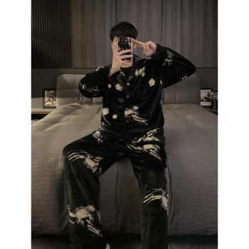 法蘭絨網紅風加厚帥氣時尚男睡衣