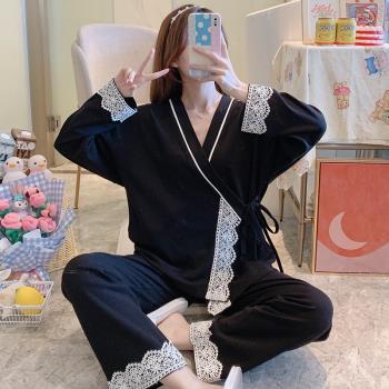 日式純棉睡衣女春秋季和服長袖開衫系繩甜美花邊家居服兩件套裝潮
