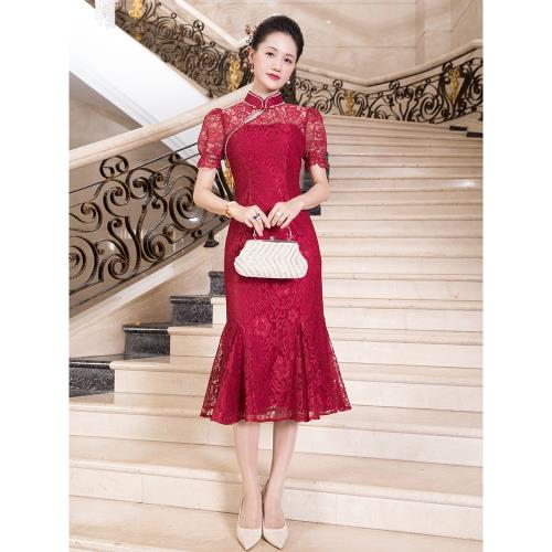 多麗琦改良旗袍紅色蕾絲短袖中長款婚禮敬酒服高端氣質禮服裙