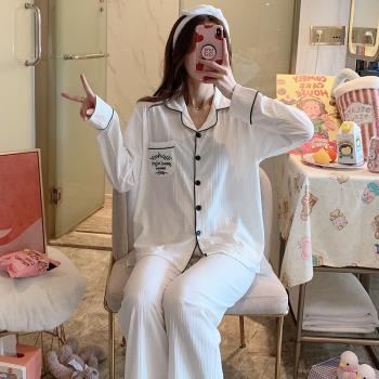 韓版純棉冬天睡衣女冬長袖春秋冬季家居服開衫刺繡套裝學生可外穿