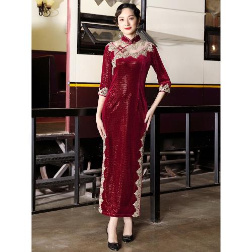 多麗琦中國風改良旗袍新娘婚宴敬酒服春夏絲絨款喜婆婆婚禮連衣裙