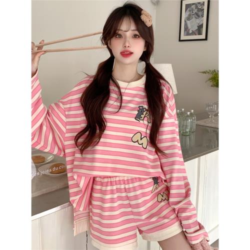 Andrea Martin 2024早春新款粉色條紋鼠鼠插畫長袖T插畫短褲