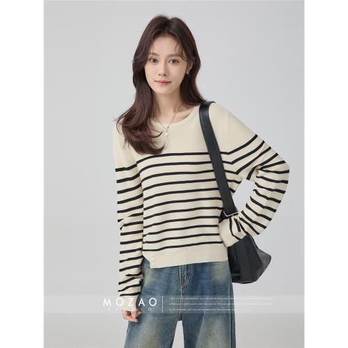 「摩造」杏色氣質套頭圓領長袖針織衫女2025秋季新款條紋休閑上衣