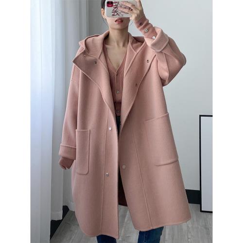 雙面羊絨大衣女中長款2024年新款澳毛小個子呢子外套粉色連帽毛呢