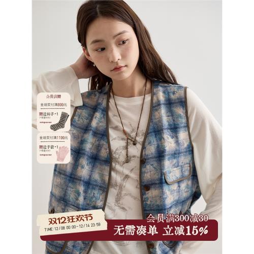 octopusme章魚家復古潑墨臟感感格紋馬甲女春秋疊穿格子馬夾外搭