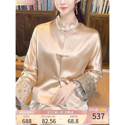 重磅35姆米純桑蠶絲新中式開衫短外套女袖口拼接宋錦真絲上衣早春