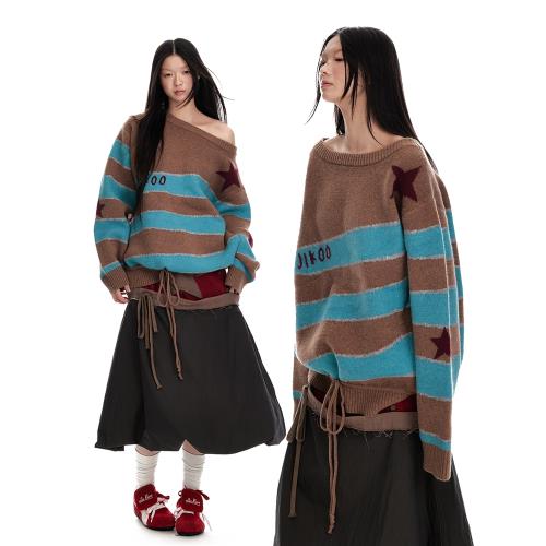 Jikoo polo領斜肩原創設計撞色拼接提花寬松條紋毛衣套頭針織衫女