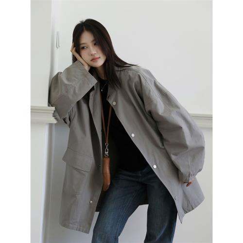 三木社 初秋新品中長款立領風衣外套女韓系小個子外套2024秋裝