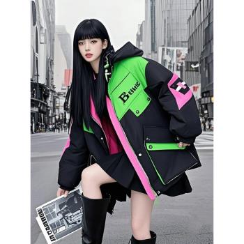 歐洲站連帽撞色拼接工裝羽絨服