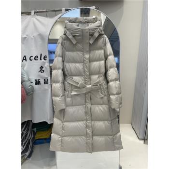 修身過膝連帽腰帶保暖外套羽絨服