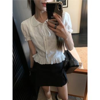Hhyii 童話故事 白色鏤空娃娃領襯衫女溫柔氣質設計感泡泡袖上衣