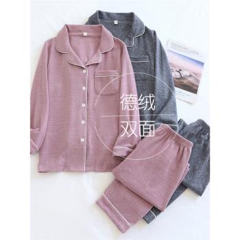 秋冬季情侶睡衣女士自發熱加絨雙面德絨寬松加大碼男士家居服套裝