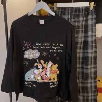 情侶睡衣女春秋款長袖迪士尼純棉卡通休閑學生寬松家居服套裝男士