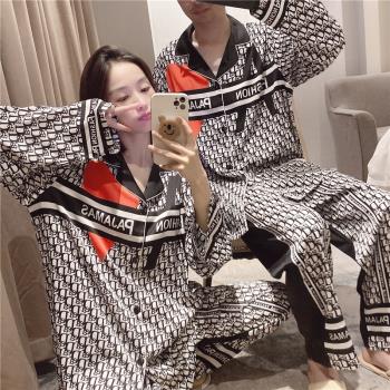 網紅男女式情侶春秋睡衣冰絲字母格子印花開衫家居服大碼休閑套裝