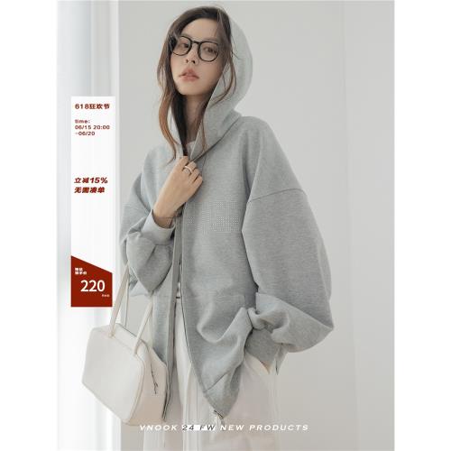 VNOOK 雙面棉連帽衛衣女春秋24新款寬松廓型燙釘長袖開衫外套上衣